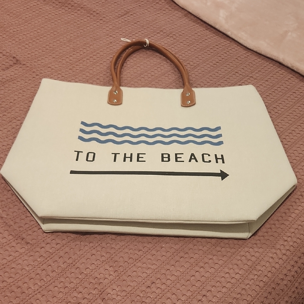Canvas Beach Tote with Brown Handles
